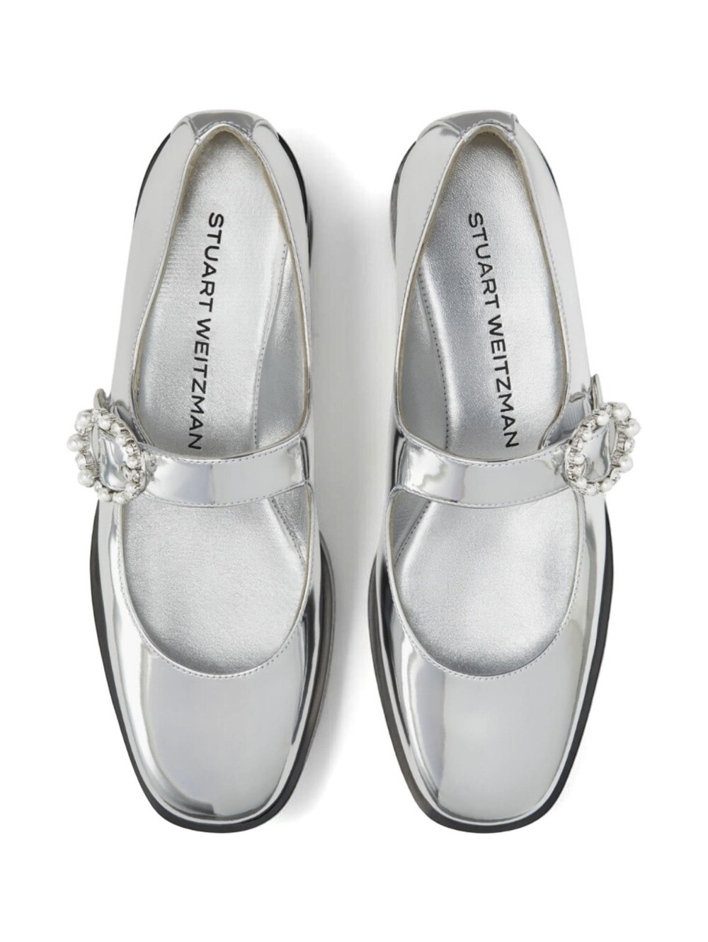 Stuart Weitzman Loralei Silver Metallic Crystal Pearl Mary Jane Flats 9B
